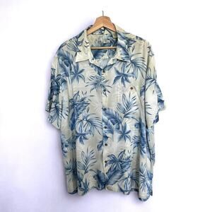 Batik Bay Shirt Mens Sz XXL Hawaiian Tropical Short Sleeve Tan & Blue 100% Rayon